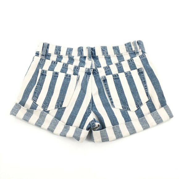 Forever 21 Vertical Striped Denim Rolled Cuffed Shorts Size 25 Blue White XS - Picture 2 of 7